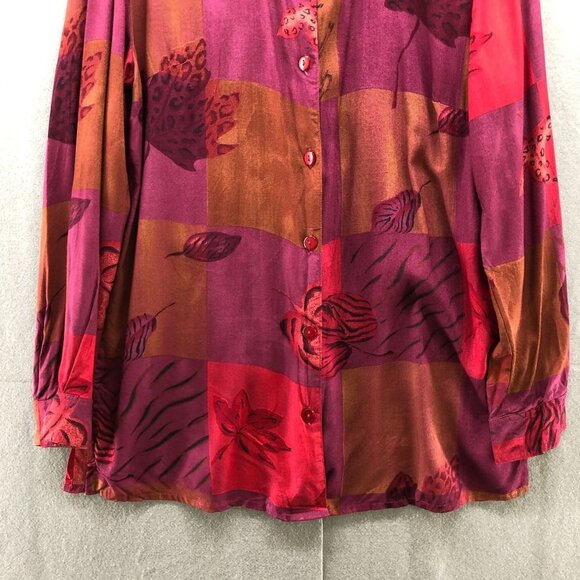 VTG Long Sleeve Blouse Womens L Leaf Print Rayon Wine Red Twee Quirky Unique - Picture 4 of 10